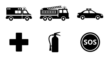 Emergency Service Icons: Ambulance, Fire Truck, Police Car, Medical Cross, Fire Extinguisher, SOS © Farin