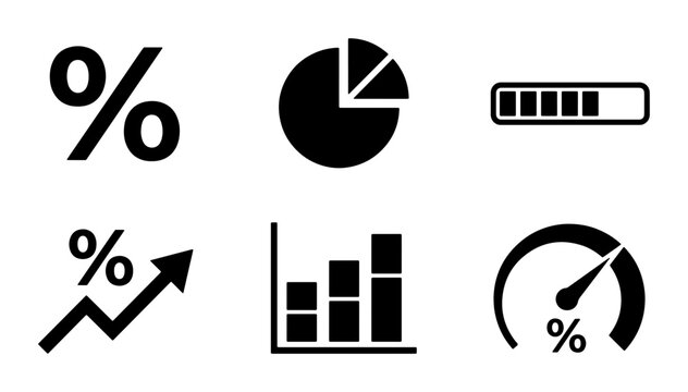 Business Growth Icons: Percentage, Pie Chart, Progress Bar, Analytics, Speedometer