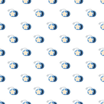 Blue yo yos with star designs creating a playful, seamless pattern