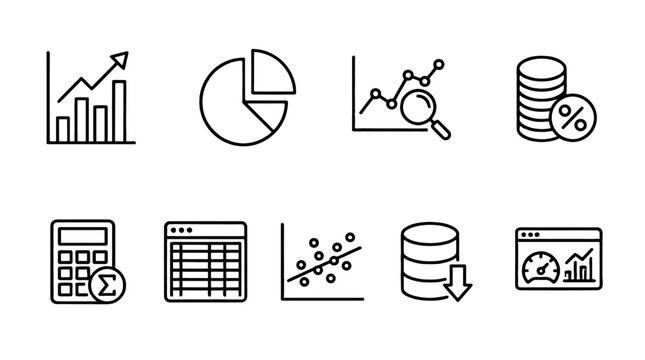 Data analysis and statistics thin line icon set