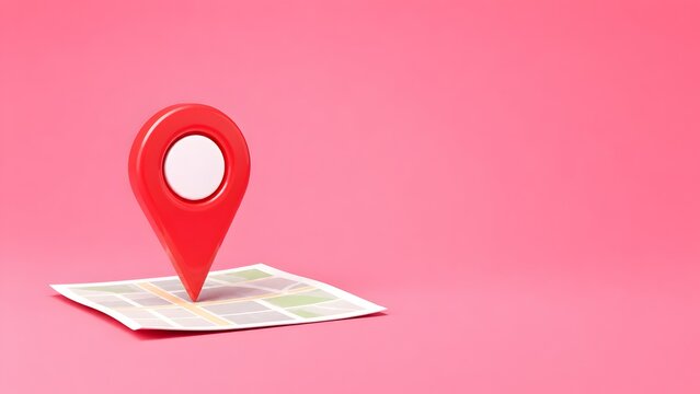 Red location pin marker on physical map over pink background, illustrating gps navigation, travel destination and geographical targeting concept