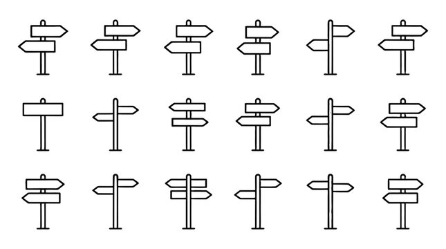 Thin line signpost icon set with directional road signboards