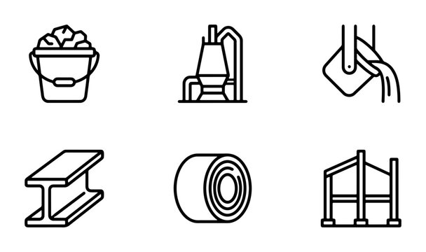 Industrial Metalwork Icons Set: Steel Beam, Foundry, Raw Materials, Construction