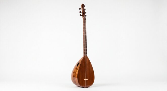 A traditional wooden Turkish saz string instrument standing upright against a plain white.
