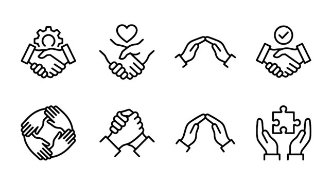 Handshake and helping hands thin line icon set