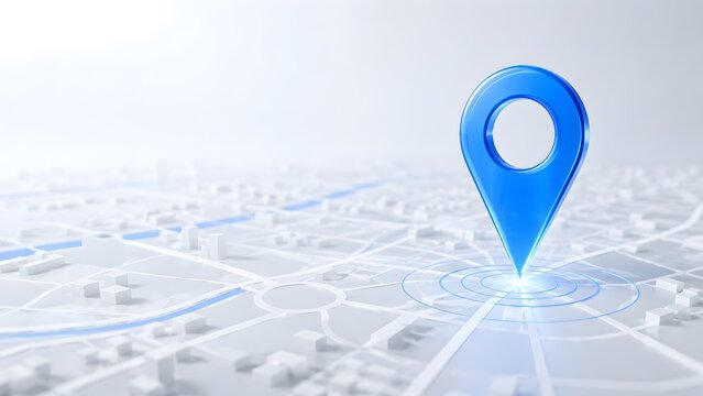 Glossy blue map pin centering on target rings over minimalist 3d city model, representing precise urban navigation, local business search and gps positioning