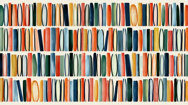 Pattern of colorful spines and pages of books arranged upright in neat horizontal rows creating a vibrant and organized bookshelf display design