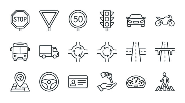 Traffic and driving line icons with road signs and vehicles