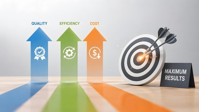 Target board with darts next to quality, efficiency and cost reduction arrows, symbolizing maximum business results, goal achievement and performance strategy