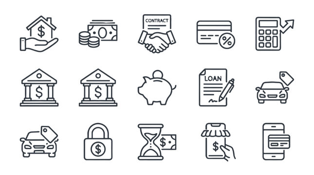 Loan and financing thin line icon set with financial symbols