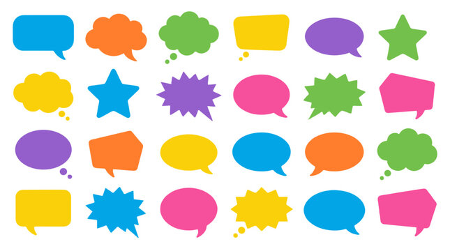 Colorful speech and thought bubble shapes set on white background