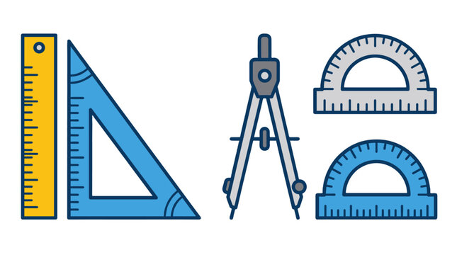 Geometry measuring tools icon set with ruler triangle compass