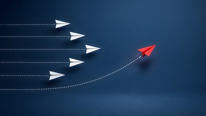 Naklejka premium Red paper airplane changing direction from white airplanes on dark blue background, symbolizing leadership, disruptive innovation and strategic vision