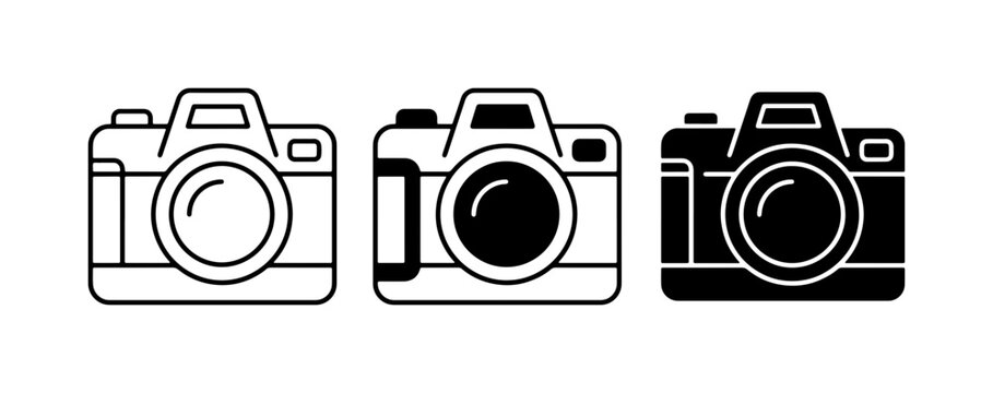 Camera Icons Set: Three Styles of Photographic Equipment, Digital and Analog, Vector Graphics