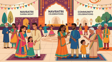 Obraz premium A heartwarming flat design illustration depicting a diverse community of families and friends joyfully celebrating the Navratri festival together.