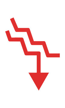Minimal red downward zigzag arrow line chart with clean monoline construction on a solid white background financial decline concept