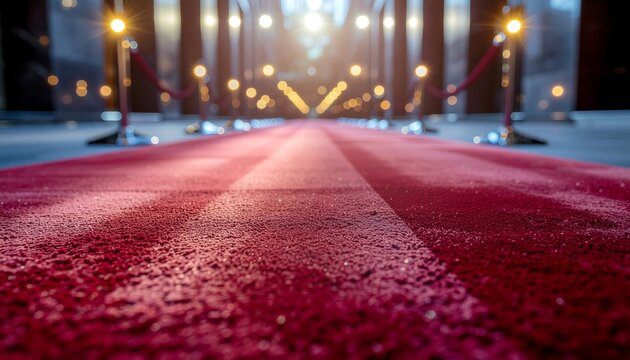 Red carpet entrance for celebrity event with glowing lights.