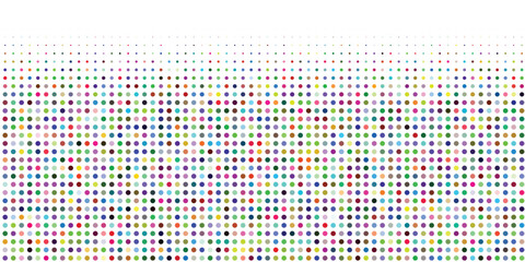 Abstract vibrant halftone pattern featuring a dense matrix of multicolored polka dots scaling down in size toward the top on an isolated white background. © badrut