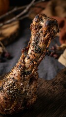 Obraz premium Herb crusted roasted lamb shank bone on rustic wood board with dark moody lighting