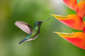 Obraz premium Hummingbird hovering near vibrant orange heliconia flower in lush tropical garden, dynamic wildlife close-up with soft green background bokeh