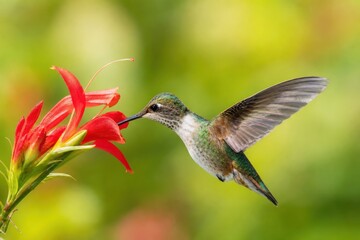 Obraz premium Ruby-throated hummingbird hovering and feeding on vibrant red wildflower in sunny summer garden with soft green background, close-up macro shot capturing dynamic wing motion.