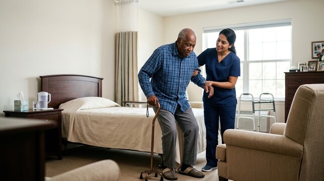 Caregiver assisting elderly man with cane in bedroom. Professional nurse helping senior patient stand up from bed. Healthcare and assisted living concept