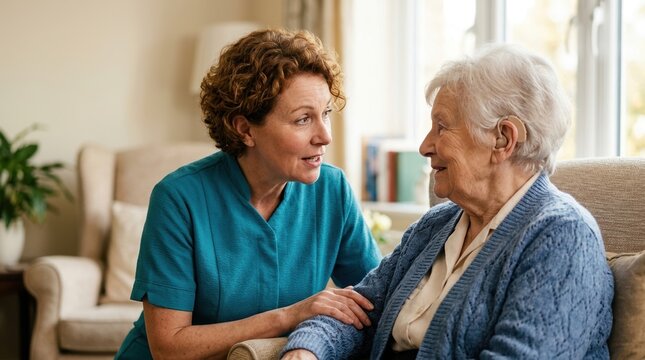Caregiver talking to an elderly woman with a hearing aid. Professional home care support for senior citizens