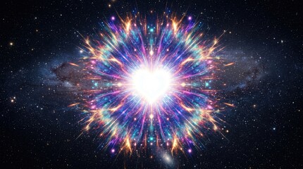 Fototapeta premium Glowing heart shaped light in deep space. Cosmic explosion with radiant energy and stars. Universal love and spiritual energy concept