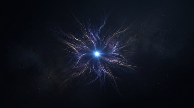 Abstract cosmic energy burst with glowing blue light. Purple and gold fiber optic tendrils in deep space. Science and technology background