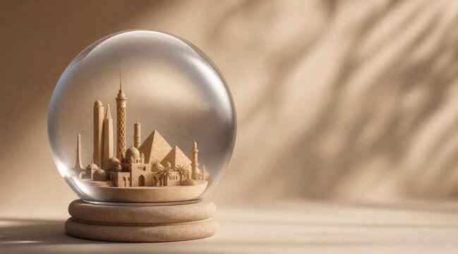 Egypt landmarks inside transparent globe on wooden base with sandy background