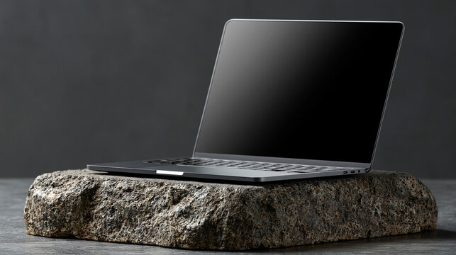 Modern Laptop on Raw Stone: A sleek, modern laptop rests on a textured, raw stone, creating a striking contrast between technology and nature.