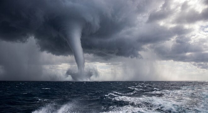 A massive swirling waterspout descends from dark storm clouds over the turbulent deep blue ocean.