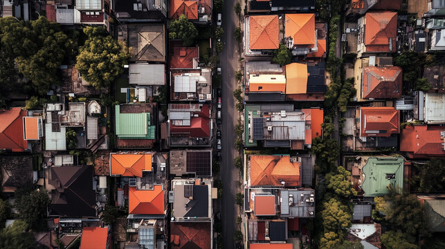Aerial top down view of a dense residential area with orange tile roofs and green trees, crowded urban neighborhood housing development from above