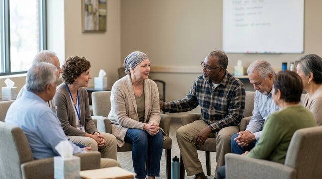 Diverse senior support group meeting in a circle. Cancer survivor woman with headscarf talking to empathetic friends. Healthcare and mental health community concept