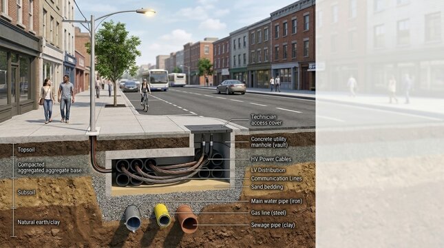 Cross section of an urban street showing underground utility infrastructure. 3D illustration of city pipes, power cables, and sewage system below the road. Copy space for text
