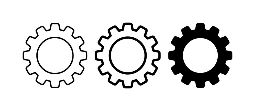 Three Gear Icons: Outline, Filled Outline, Solid Black. Mechanical Engineering Symbols for Industry, Technology, and Process