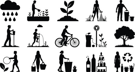 Naklejka premium Sustainability Silhouette Icon Collection Featuring Recycling, Gardening, Composting, and Eco-Friendly Lifestyle Activities for Green Design Projects