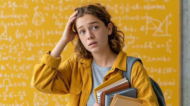 Struggling Student with Mathematical Equations: A young student with a troubled expression clutches a stack of books, standing before a yellow wall covered in complex mathematical formulas.