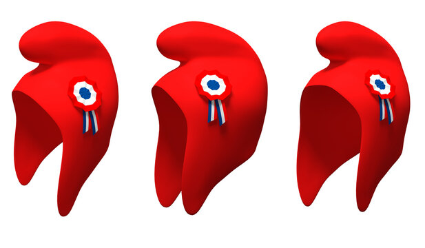Trois vues d'un bonnet phrygien rouge avec cocarde tricolore, 14 juillet - rendu 3D sur fond blanc