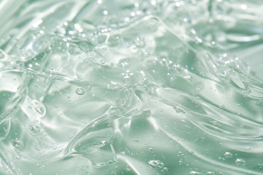 Cosmetic gel texture with air bubbles on light green background, clean hydrating skincare product close-up, refreshing beauty formula, macro view.