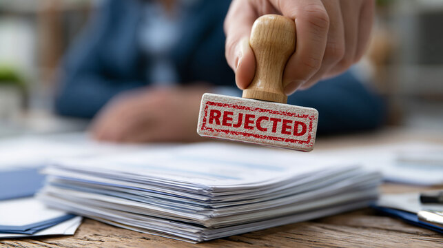 Stamp of Rejection: A hand holds a rubber stamp with the word REJECTED in red ink, poised over a stack of documents, signifying a setback or refusal.
