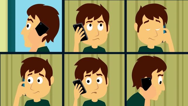 Split Screen Grid showing Multiple Expressions of a Man Talking on Phone, Communication and Variety Concept, 2D Animation