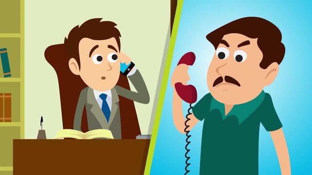Split Screen Phone Conversation Between a Professional Businessman and an Angry Client, Communication Conflict, 2D Animation