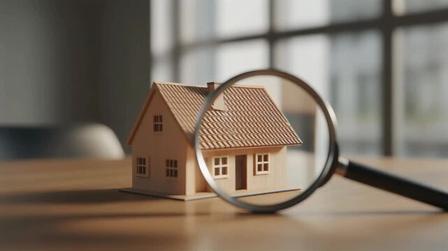 House model examined under magnifying glass video footage showing real estate property analysis and residential investment planning conceptual motion clip