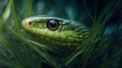 Fototapeta premium Detailed macro photography of a vibrant green snake camouflaged in lush grass with shining scales and a focused eye in natural daylight environment