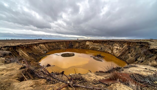 Vast gaping crater in the earth filled with murky stagnant water under a cloudy sky, a scar on the land.