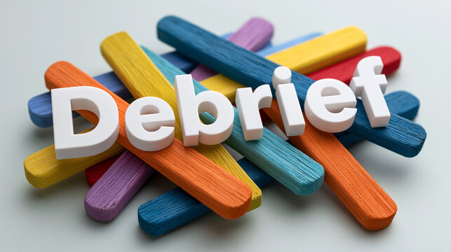 The Word Debrief on Colorful Sticks: The word Debrief is set in 3D white letters atop a pile of colorful wooden sticks, suggesting communication and analysis.