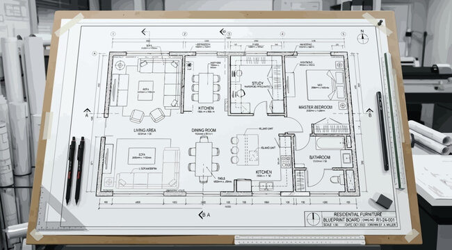 Architectural floor plan sketch on a drafting table with pencils and tools