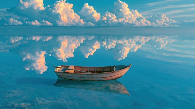 Old wooden small boat floating on perfectly calm still blue water with reflection of fluffy golden clouds on mirror like water surface, peaceful natural landscape