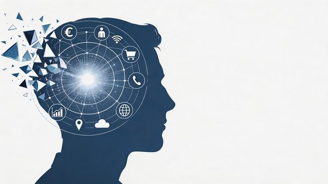 Silhouette of human head profile with digital network connections and technology icons inside brain, abstract concept of artificial intelligence, big data processing and future